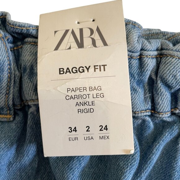 ZARA Women’s High Waist Paperbag Jeans Light Wash Denim Size 2 - Picture 2 of 11